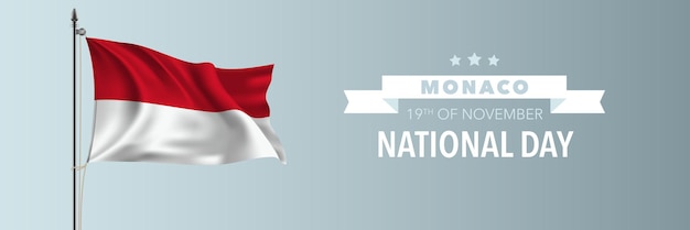 Monaco happy national day greeting card, banner vector illustration. Monacan holiday 19th of November design element with waving flag on flagpole