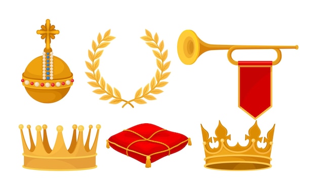 Monarchy Attributes Vector Set Golden Symbols Indicated Power Collection Coronation Concept