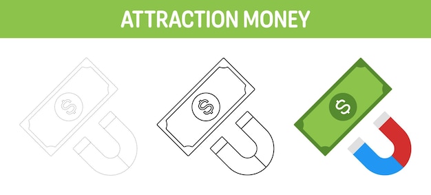 Money Attraction tracing and coloring worksheet for kids