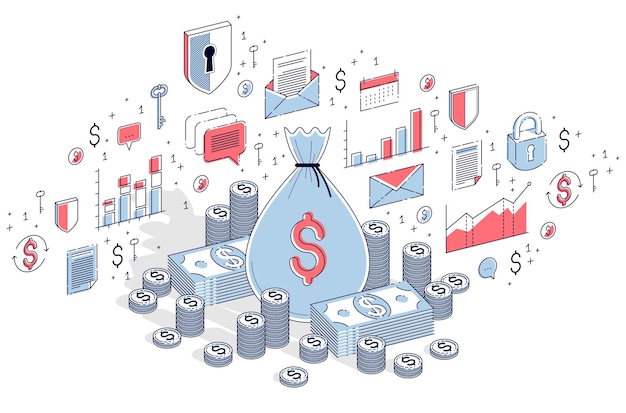 Money bag with cash money dollar stacks and coins piles isolated on white, personal savings concept. Isometric 3d vector finance illustration with icons, stats charts and design elements.