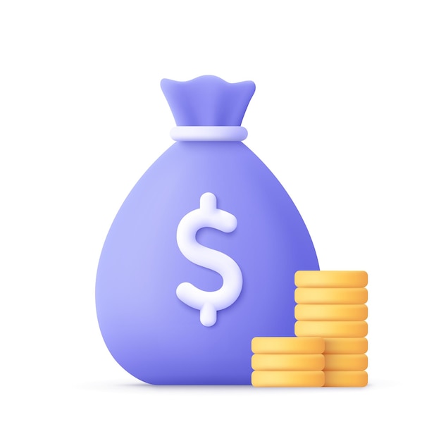 Money bag with dollar sign and golden coin stack 3d vector icon Cartoon minimal style