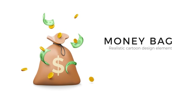 Money bag with falling gold coins and green banknotes in cartoon realistic style 3d design money element for banner or poster Vector illustration