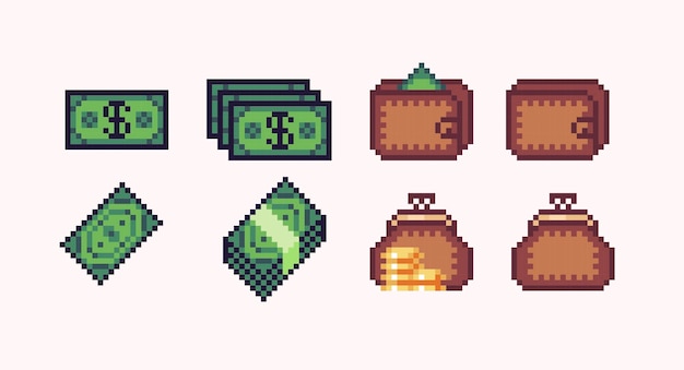 Money bundle, pack pixel art set. Purse and wallet full of cash. Wad of dollars collection.