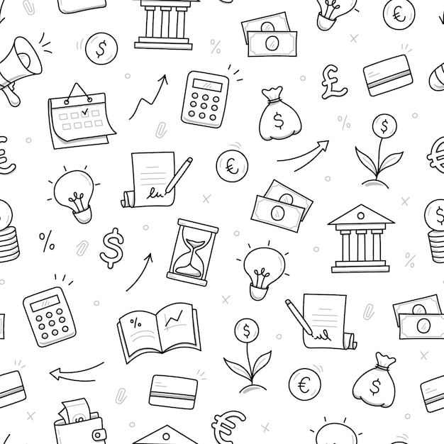 Money business doodle seamless pattern background Bank profit money economy finance doodle sketch style pattern with coin megaphone calculator element