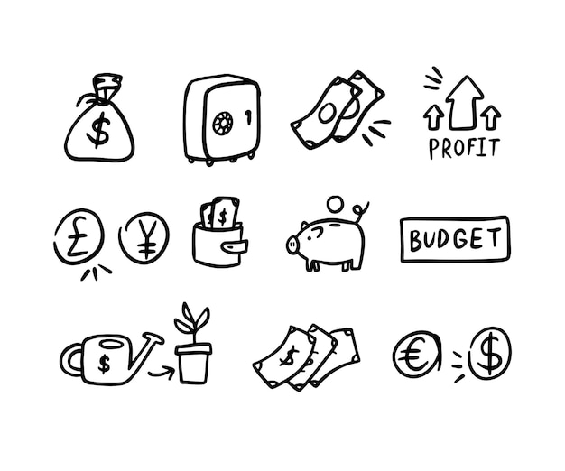 Money cash drawings doodle outline icons. Sketches currency