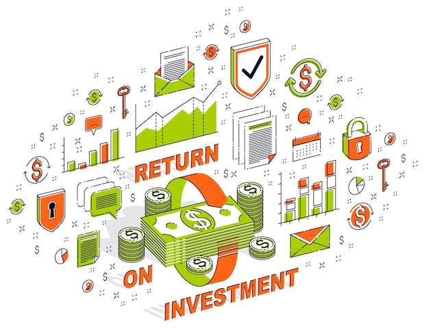 Money circulation, return on investment, currency exchange, cash back, money refund, concepts can be used. Vector 3d isometric business illustration with icons, stats charts and design elements.