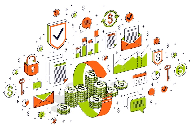 Money circulation, return on investment, currency exchange, cash back, money refund, concepts can be used. Vector 3d isometric business illustration with icons, stats charts and design elements.