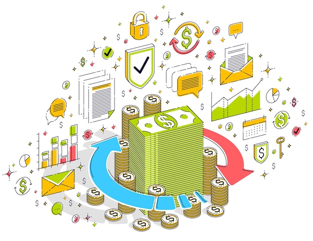 Money circulation, return on investment, currency exchange, cash back, money refund, concepts can be used. Vector 3d isometric business illustration with icons, stats charts and design elements.