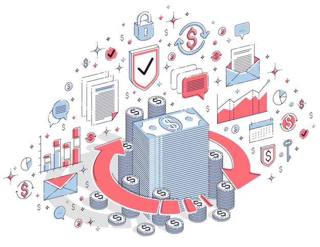 Money circulation, return on investment, currency exchange, cash back, money refund, concepts can be used. Vector 3d isometric business illustration with icons, stats charts and design elements.