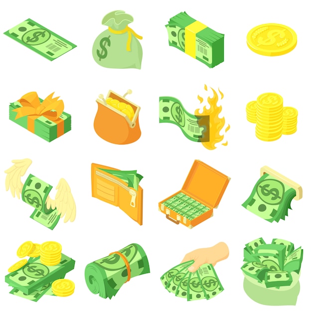 Vector money coin dollar icons set. isometric illustration of 16 money coin dollar vector icons for web