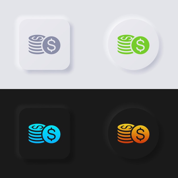 Money coins icon set, Multicolor neumorphism button soft UI Design for Web design.