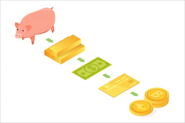 Money evolution isometric concept. From barter to cryptocurrency.  illustration