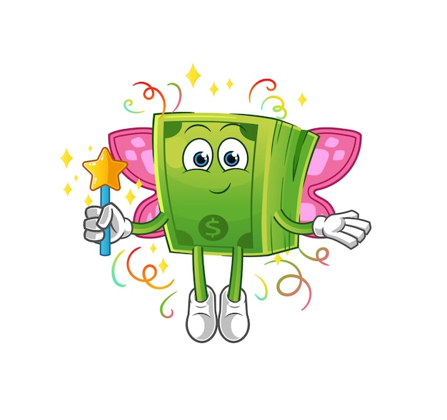 Money fairy with wings and stick. cartoon mascot vector