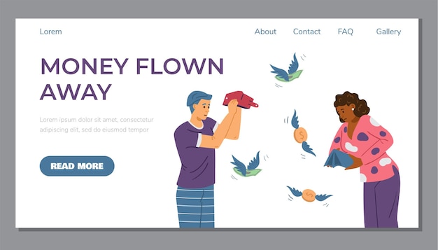 Money flown away website banner personal budget failure young poor male and broke black woman stand