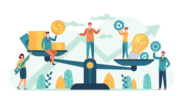 Money and idea balance. Investor compare business ideas and finance on scales. Buying creative project or startup, tiny human vector. Illustration idea equality profit, harmony and balance investment