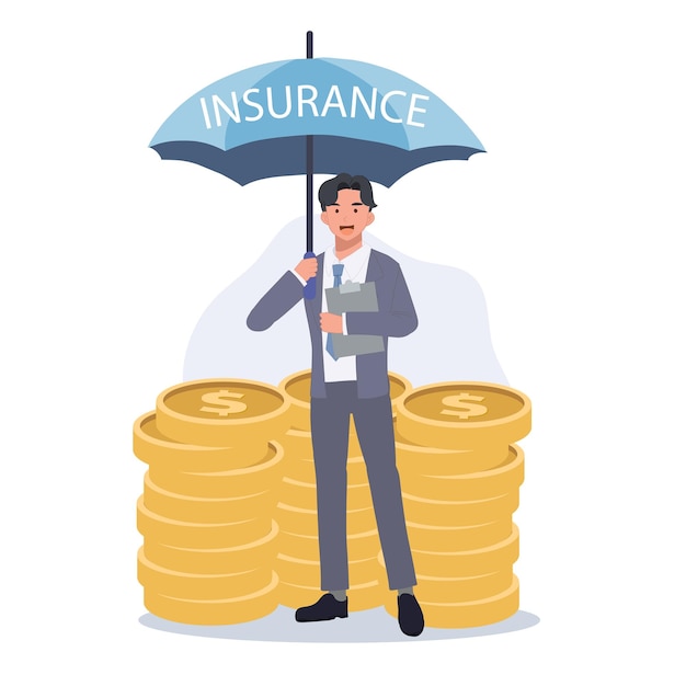 Money Insurance Concept Businessman take cover under insurance umbrella Money Protection Financial Savings Secure Investment vector illustration