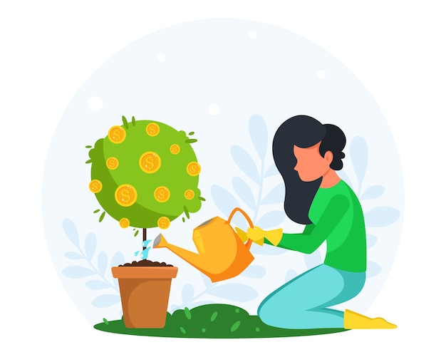 Money investing concept. Woman watering and grows a money tree. illustration in flat style.