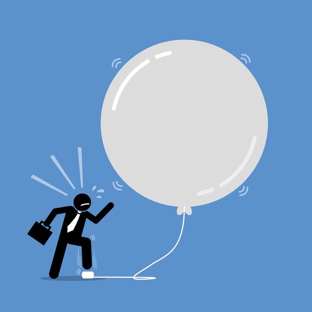 Money Investment Bubble.  artwork depicts a happy businessman keep inflating a bubble balloon to make it bigger and bigger.