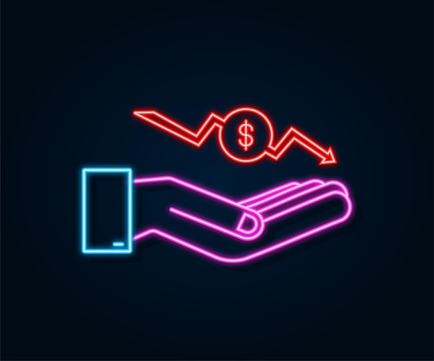 Money loss neon sign in hands Cash with down arrow stocks graph concept of financial crisis