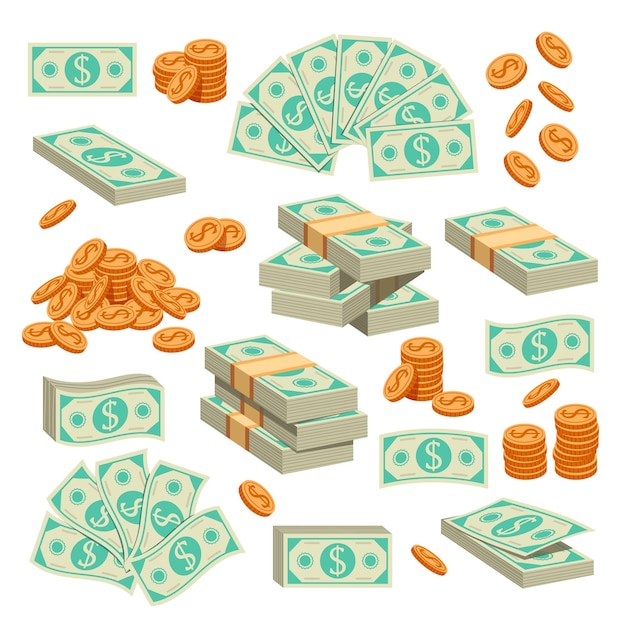 Vector money paper and golden coins isolated design element isolated set collection