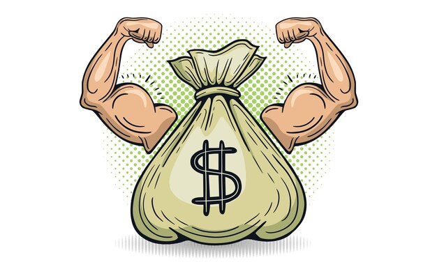 Vector money power money bag with powerful arm muscles hand hand drawn vector