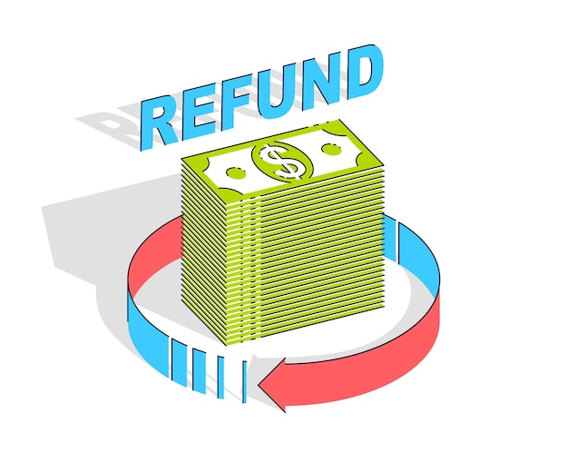 Vector money refund concept, cash money stack with radial loop arrows around. vector 3d isometric business and finance illustration, thin line design.