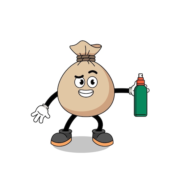 Money sack illustration cartoon holding mosquito repellent character design