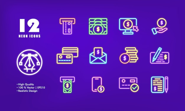 Money set icon Bill coin cash check transaction terminal money ATM salary card Currency concept Neon glow style Vector line icon for Business and Advertising