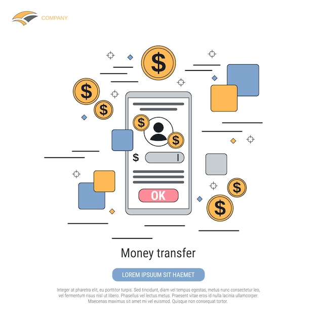 Money transfer flat contour style vector concept illustration