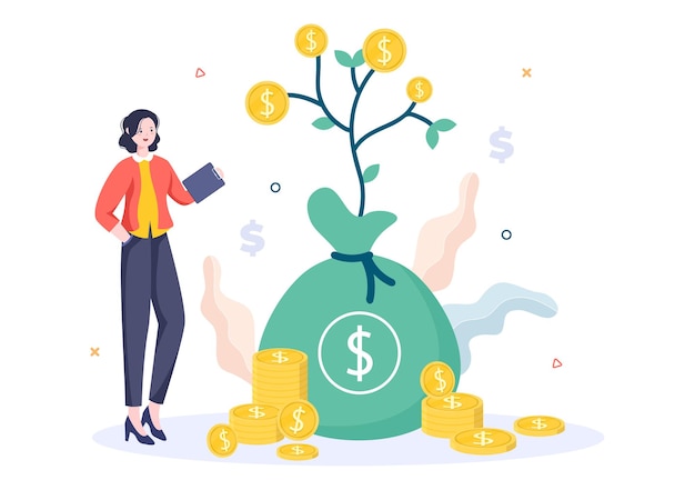 Money Tree of Financial Business Investment Profit Flat Design Vector Illustration with Dollar Banknotes and Golden Coins for Poster or Background