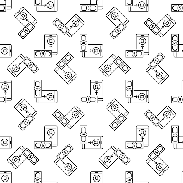 Money with Smartphone vector Online Corruption line seamless pattern