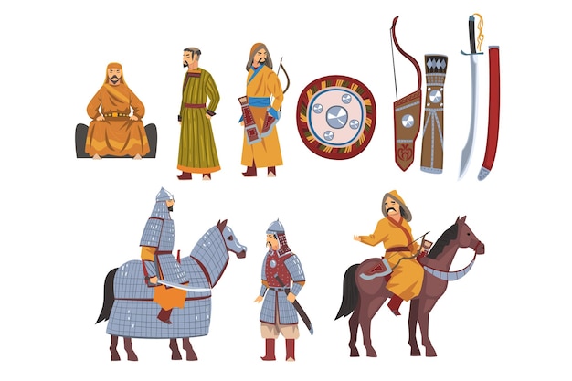 Vector mongol nomad warriors in traditional clothing with weapon collection central asian characters vector illustration