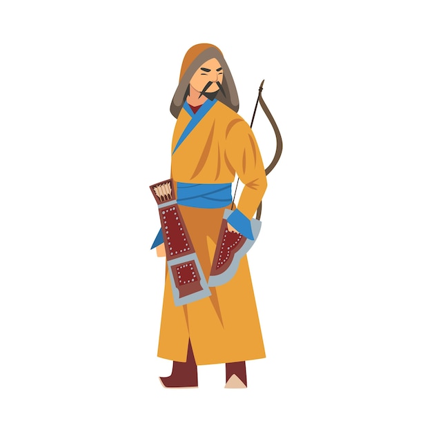 Mongol Warrior or Hunter Central Asian Character in Traditional Clothing with Bow Vector Illustration