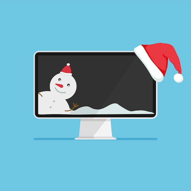 Monitor with Santa hat Snowman on screen Computer like a gift for New Year and Christmas