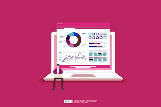 Vector monitoring and analysis report statistics investment website seo screen pc monitor with tiny people concept business people and stock market database information graph illustration