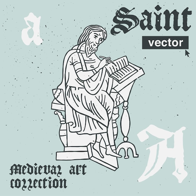 Monk and angels vector engraving style illustration Medieval art with blackletter calligraphy