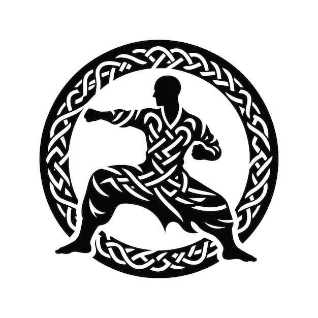 monk shaolin warrior in silhouete with celtic knot pattern illustration