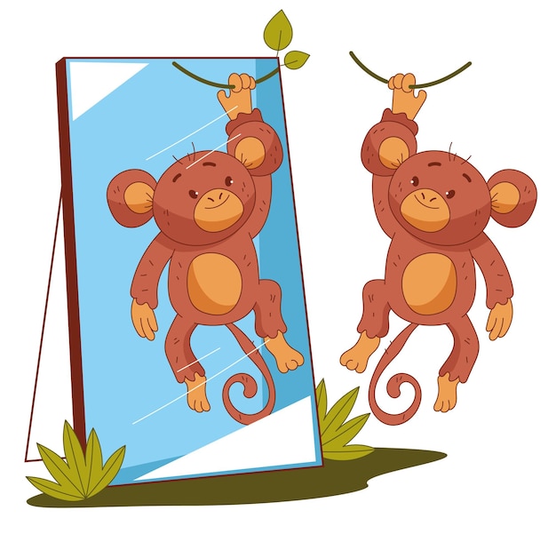 Monkey animal character looking at mirror concept graphic design illustration element