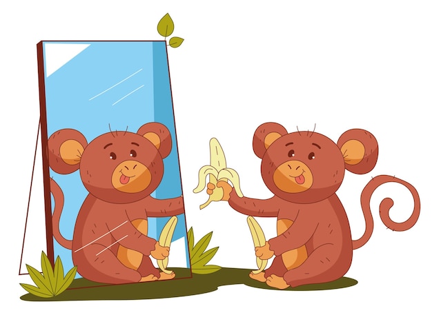 Monkey animal character looking at mirror concept graphic design illustration element