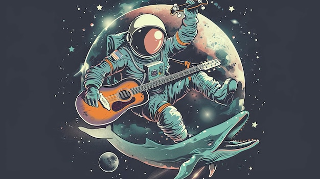 Vector monkey astronaut with whale guitar skateboard and moon