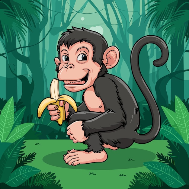 Monkey eating banana in the forest cartoon character