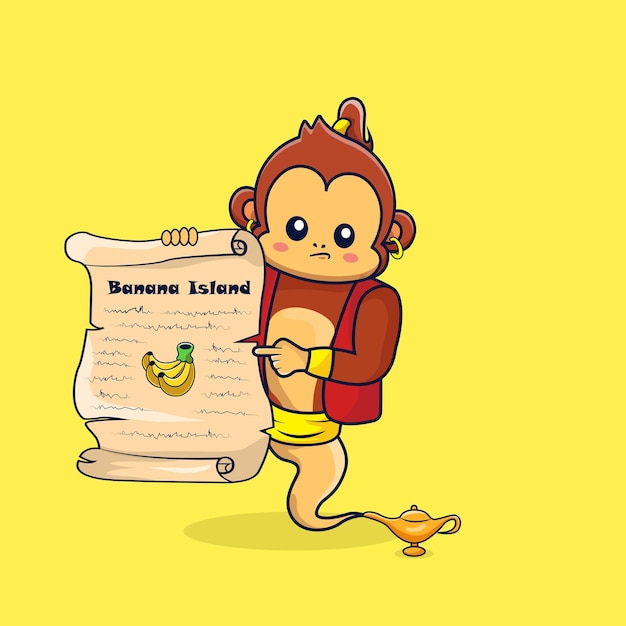 The monkey genie came out of the magic lamp holding banana island map isolated style premium illus