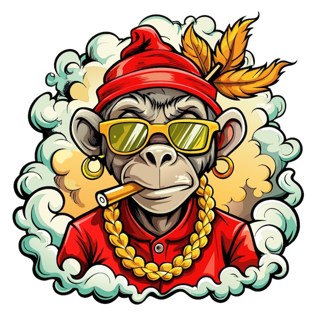 Vector monkey head monkey smoking cigarettes sunglass smoke red cloth top of the monkey head white