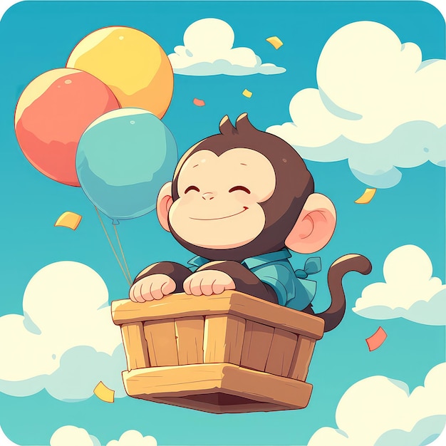 A monkey is flying a hot air balloon cartoon style