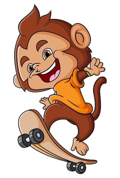 The monkey is playing a skateboard and doing some tricks