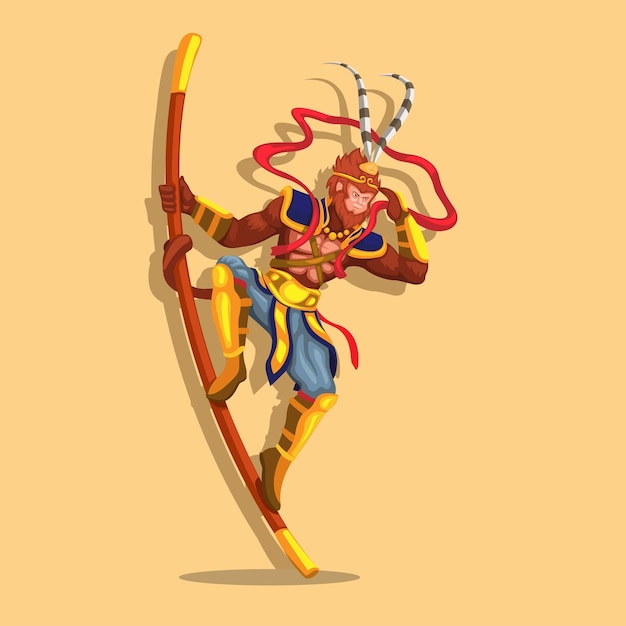 Monkey king aka sun wukong  figure posing on stick rod legendary creature chinese mythology vector