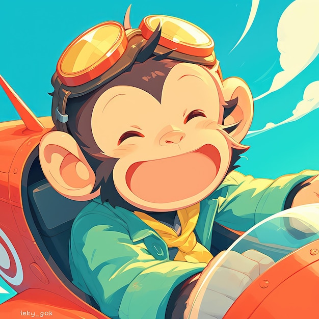 A monkey piloting a miniature airplane cartoon style