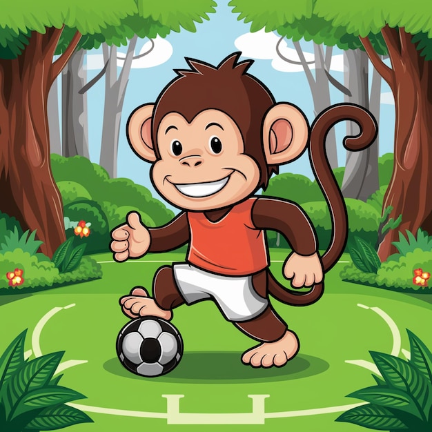 Monkey playing football in the forest