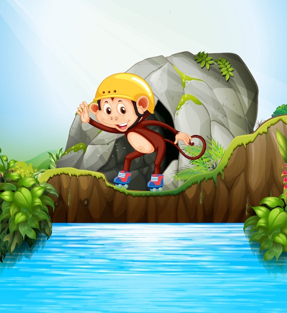 Monkey playing roller skate in nature. Cartoon character illustration