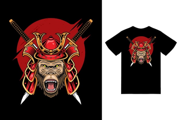 Monkey samurai illustration with tshirt design premium vector